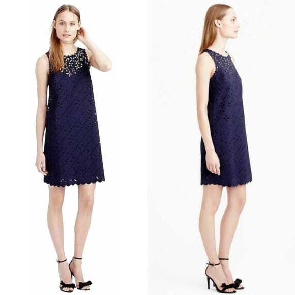 J. Crew Dress Women’s sz. 0 (XS) Navy Blue‎ Lasercut Scallop Sleeveless Shift - Picture 1 of 10